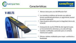 • Marcas claras para una identificación fácil
• Los miembros sintéticos de tensión con cable de
torsión equilibrado garantizan un seguimiento neutral
durante la operación
• Capa de goma adherente para la integridad interna de
la banda
• Compuesto de caucho EPDM de alta ingeniería para
un funcionamiento silencioso y una vida útil larga
• Costados rectificados a precisión para un contacto
máximo de la polea
• Piñones radiales moldeados para mayor ventilación y
flexibilidad
Características
 