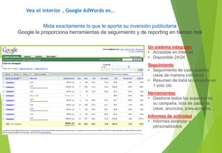 Vea el interior , Google AdWords es…
Mida exactamente lo que le aporta su inversión publicitaria
Google le proporciona herramientas de seguimiento y de reporting en tiempo real
Un sistema integrado
• Accesible en Internet
• Disponible 24/24
Seguimiento
• Seguimiento de cada palabra
clave de manera individual
• Resumen de toda la campaña en
1 solo clic
Herramientas
• Gestione todos los aspectos de
su campaña, lista de palabras
clave, anuncios, presupuestos…
Informes de actividad
• Informes estándar y
personalizados
 
