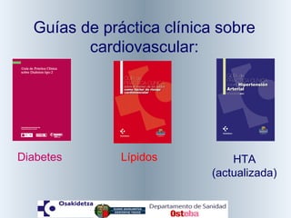 Guías de práctica clínica sobre
         cardiovascular:




Diabetes      Lípidos         HTA
                          (actualizada)
 
