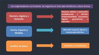 Los organizadores curriculares. Se organiza en tres ejes temáticos y doce temas.
Numero, Algebra y
Variación.
Forma, Espacio y
Medida.
Análisis de datos.
Numero, adición y sustracción,
multiplicación y división,
Proporcionalidad, Ecuaciones,
Figuras geométricas y
patrones.
Ubicación espacial, figuras y
cuerpos geométricos.
Estadística y Probabilidad.
 