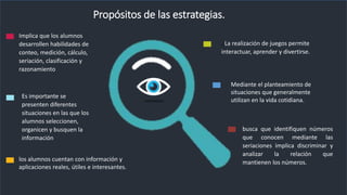 busca que identifiquen números
que conocen mediante las
seriaciones implica discriminar y
analizar la relación que
mantienen los números.
Propósitos de las estrategias.
Implica que los alumnos
desarrollen habilidades de
conteo, medición, cálculo,
seriación, clasificación y
razonamiento
los alumnos cuentan con información y
aplicaciones reales, útiles e interesantes.
. La realización de juegos permite
interactuar, aprender y divertirse.
Mediante el planteamiento de
situaciones que generalmente
utilizan en la vida cotidiana.
Es importante se
presenten diferentes
situaciones en las que los
alumnos seleccionen,
organicen y busquen la
información
 