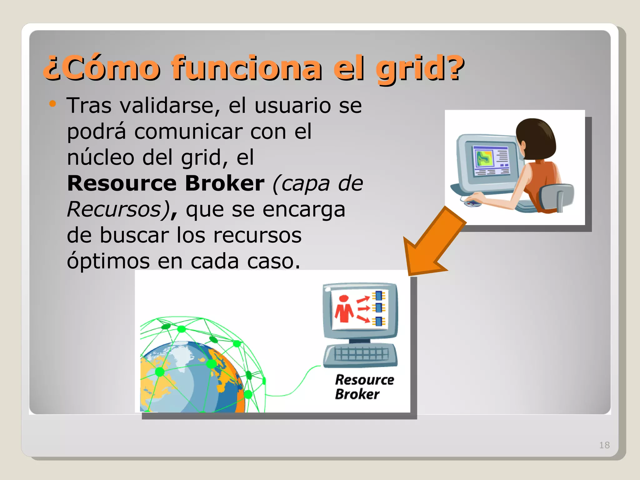 ¿Cómo funciona el grid? Tras validarse, el usuario se podrá comunicar con el núcleo del grid, el  Resource Broker  (capa de Recursos) ,  que se encarga de buscar los recursos óptimos en cada caso. 