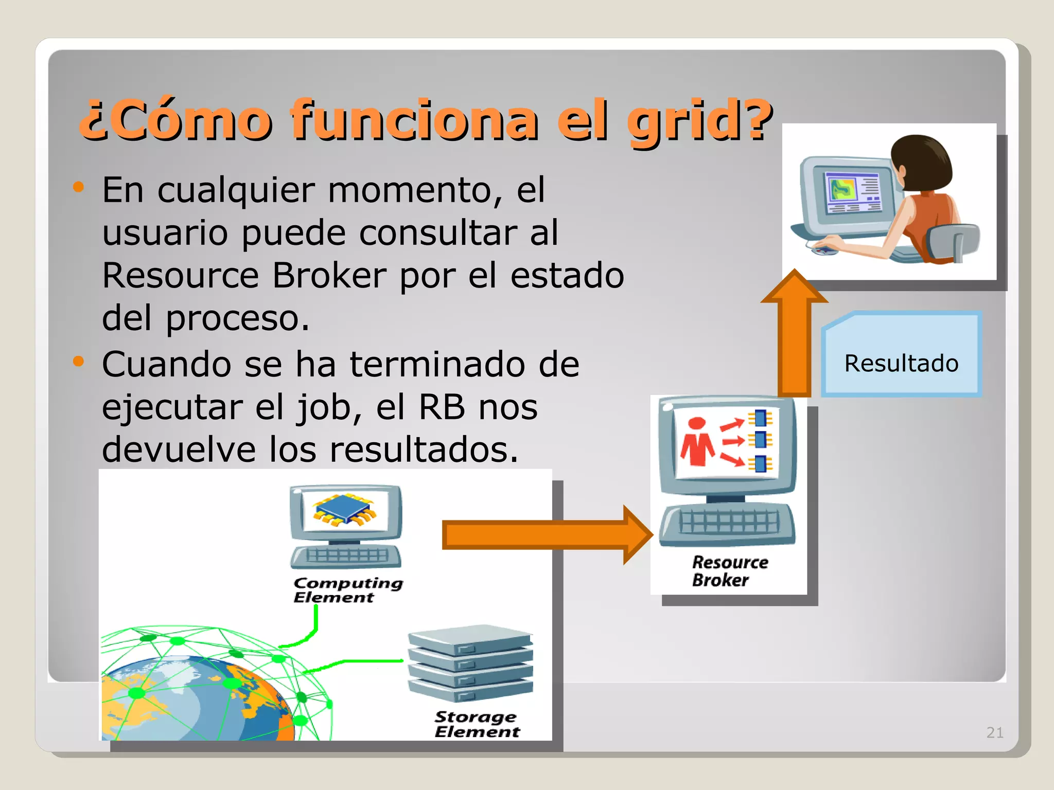 ¿Cómo funciona el grid? En cualquier momento, el usuario puede consultar al Resource Broker por el estado del proceso. Cuando se ha terminado de ejecutar el job, el RB nos devuelve los resultados. Resultado 