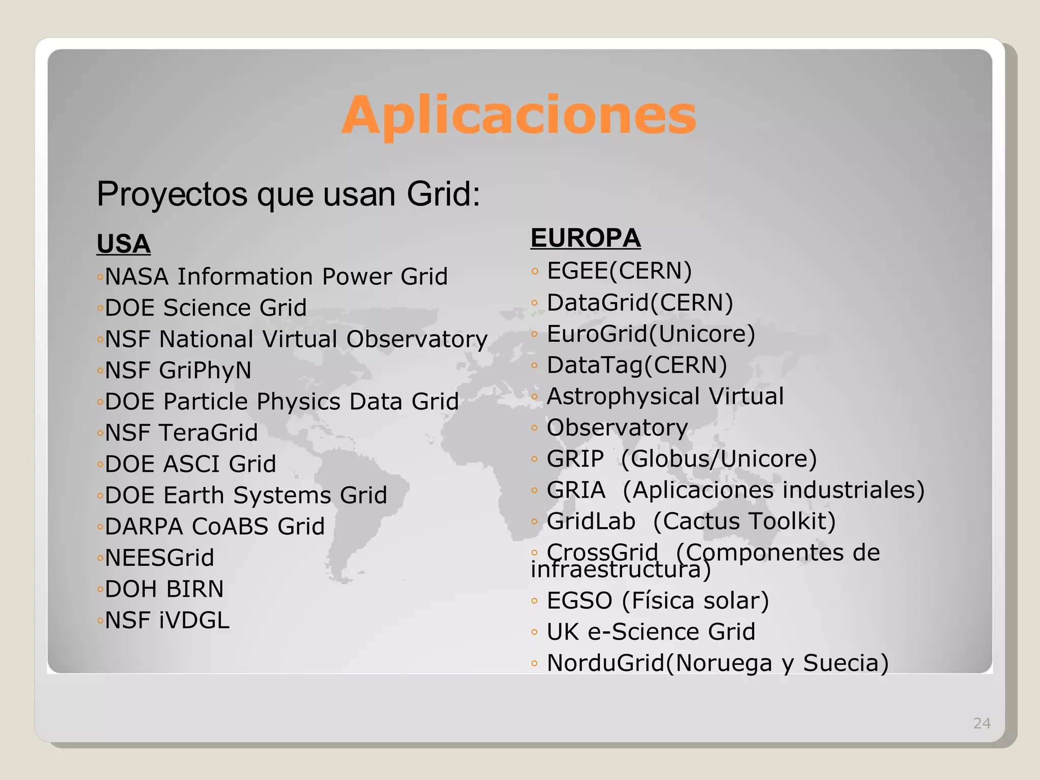 Aplicaciones Proyectos que usan Grid: USA NASA Information Power Grid DOE Science Grid NSF National Virtual Observatory NSF GriPhyN DOE Particle Physics Data Grid NSF TeraGrid DOE ASCI Grid DOE Earth Systems Grid DARPA CoABS Grid NEESGrid DOH BIRN NSF iVDGL EUROPA EGEE(CERN) DataGrid(CERN) EuroGrid(Unicore) DataTag(CERN) Astrophysical Virtual Observatory  GRIP  (Globus/Unicore) GRIA  (Aplicaciones industriales) GridLab  (Cactus Toolkit)  CrossGrid  (Componentes de infraestructura)  EGSO (Física solar) UK e-Science Grid NorduGrid(Noruega y Suecia) 