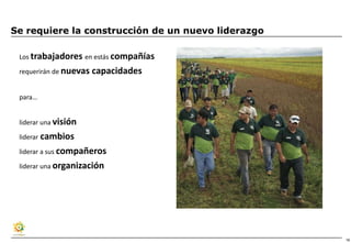 Se requiere la construcción de un nuevo liderazgo

 Los trabajadores en estás compañías

 requerirán de nuevas   capacidades

 para…


 liderar una visión

 liderar cambios

 liderar a sus compañeros

 liderar una organización




                                                    16
 