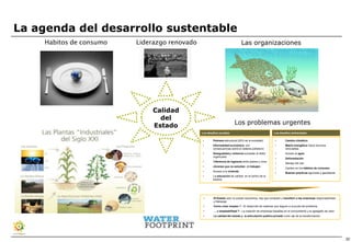 La agenda del desarrollo sustentable
     Habitos de consumo   Liderazgo renovado                                   Las organizaciones




                              Calidad
                                del
                              Estado                                    Los problemas urgentes
                                               Los desafíos sociales                                   Los desafíos ambientales

                                               •       Pobreza estructural (20% de la sociedad)         •       Cambio climático
                                               •       Informalidad económica, con                      •       Matriz energética hacia recursos
                                                       consecuencias sobre el sistema jubilatorio               renovables
                                               •       Desigualdad y violencia sumadas al delito        •       Acceso al agua
                                                       organizado
                                                                                                        •       Deforestación
                                               •       Diferencia de ingresos entre pobres y ricos
                                                                                                        •       Manejo del mar
                                               •       Jóvenes que no estudian ni trabajan
                                                                                                        •       Cambio en los hábitos de consumo
                                               •       Acceso a la vivienda.
                                                                                                        •       Buenas practicas agrícolas y ganaderas
                                               •       La educación de calidad en el centro de la
                                                       escena




                                                •      El Estado solo no puede resolverlos, hay que compartir y transferir a las empresas responsabilidad
                                                       y liderazgo
                                                •      Como crear empleo ? - El desarrollo de cadenas que lleguen a la punta del problema .
                                                •      … y empleabilidad ? - La creación de empresas basadas en el conocimiento y el agregado de valor.
                                                •      La calidad del estado y la articulación publico privada como eje de la transformación.




                                                                                                                                                            20
 
