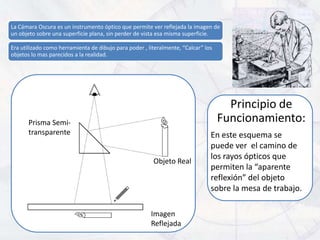 La Cámara Oscura es un instrumento óptico que permite ver reflejada la imagen de
un objeto sobre una superficie plana, sin perder de vista esa misma superficie.

Era utilizado como herramienta de dibujo para poder , literalmente, “Calcar” los
objetos lo mas parecidos a la realidad.




                                                                                     Principio de
       Prisma Semi-                                                                Funcionamiento:
       transparente                                                            En este esquema se
                                                                               puede ver el camino de
                                                                               los rayos ópticos que
                                                        Objeto Real
                                                                               permiten la “aparente
                                                                               reflexión” del objeto
                                                                               sobre la mesa de trabajo.

                                                       Imagen
                                                       Reflejada
 