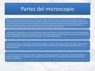 Partes del microscopio
Platina: Es una plataforma horizontal con un orificio central, sobre el que se coloca la preparación, que permite el paso de los
rayos procedentes de la fuente de iluminación situada por debajo. Dos pinzas sirven para retener el portaobjetos sobre la platina
y un sistema de cremallera guiado por dos tornillos de desplazamiento permite mover la preparación de delante hacia atrás o de
izquierda a derecha y viceversa. En la parte posterior de uno de los laterales se encuentra un nonius que permite fijar las
coordenadas de cualquier campo óptico; de esta forma se puede acudir al cuando interesa.


· Condensador: El condensador es un sistema de lentes situadas bajo la platina su función es la de concentrar la luz generada por
la fuente de iluminación hacia la preparación. En el interior del condensador existe un diafragma-iris cuya función es limitar el haz
de rayos que atraviesa el sistema de lentes eliminando los rayos demasiado desviados



· Tornillos Micrométrico y micrométrico: Son tornillos de enfoque, mueven la platina hacia arriba y hacia abajo. El macrométrico
lo hace de forma rápida y el micrométrico de forma lenta. Llevan incorporado un mando de bloqueo que fija la platina a una
determinada altura.



· Fuente de iluminación: Se trata de una lámpara halógena de intensidad graduable. Esta situada en el pie del microscopio. Se
enciende y se apaga con un interruptor y en su superficie externa puede tener una especie de anillo para colocar filtros que
facilitan la visualización.
 