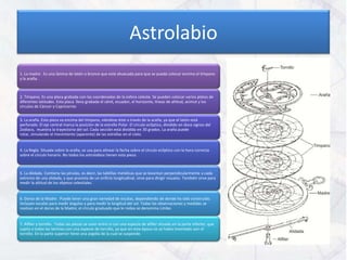 Astrolabio
1. La madre . Es una lámina de latón o bronce que está ahuecada para que se pueda colocar encima el tímpano
y la araña.



2. Tímpano. Es una placa grabada con las coordenadas de la esfera celeste. Se pueden colocar varios platos de
diferentes latitudes. Esta placa lleva grabada el cénit, ecuador, el horizonte, líneas de altitud, acimut y los
círculos de Cáncer y Capricornio


3. La araña. Esta pieza va encima del tímpano, viéndose éste a través de la araña, ya que el latón está
perforado. El eje central marca la posición de la estrella Polar. El círculo eclíptico, dividido en doce signos del
Zodíaco, muestra la trayectoria del sol. Cada sección está dividida en 30 grados. La araña puede
rotar, simulando el movimiento (aparente) de las estrellas en el cielo.


4. La Regla. Situada sobre la araña, se usa para alinear la fecha sobre el círculo eclíptico con la hora correcta
sobre el círculo horario. No todos los astrolabios tienen esta pieza.



5. La Alidada. Contiene las pínulas, es decir, las tablillas metálicas que se levantan perpendicularmente a cada
extremo de una alidada, y que provista de un orificio longitudinal, sirve para dirigir visuales. También sirve para
medir la altitud de los objetos celestiales.


6. Dorso de la Madre . Puede tener una gran variedad de escalas, dependiendo de donde ha sido construido.
Incluyen escalas para medir ángulos y para medir la longitud del sol. Todas las observaciones y medidas se
realizan en el dorso de la Madre; el círculo graduado que le rodea se denomina Limbo.


7. Alfiler y tornillo. Todas las piezas se unen entre si con una especie de alfiler situado en la parte inferior, que
sujeta a todas las láminas con una especie de tornillo, ya que en esta época no se había inventado aún el
tornillo. En la parte superior tiene una argolla de la cual se suspende.
 