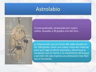 Astrolabio


Círculo graduado, atravesado por cuatro
radios, situados a 90 grados uno del otro .



La intersección con el círculo del radio situado en
los 180 grados, tiene una mayor masa del material
para que haga el efecto plomada y disminuya la
oscilación que el viento o el movimiento del buque
y permitir de esta manera una alineación más fácil
con el horizonte.
 
