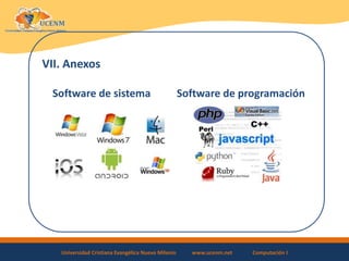 Universidad Cristiana Evangélica Nuevo Milenio www.ucenm.net Computación I
VII. Anexos
Software de sistema Software de programación
 