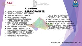 ALUMNOS
PARTICIPANTES:
• ALVARADO HERNÁNDEZ CELSO VENICIO.
• ALVARADO HERNÁNDEZ JESÚS RICARDO.
• AVENDAÑO DE LA CRUZ ALBERTO.
• BACA CARDENAS GUILLERMO.
• CALDERÓN RIVERA JOSÉ ORLANDO.
• CASTELLANOS FRANCO HANNIA.
• CRUZ ZACARIAS KEVIN OBED.
• DE LA CRUZ RAMÍREZ MARLA HIROMI.
• DEL ANGEL FELIPE LUCERO.
• GOMEZ JIMAREZ VIVIANA CECILIA.
• HERNÁNDEZ BAUTISTA MARLY MAYAM.
• HERNÁNDEZ NICOLAS BLANCA LIZETH.
• LANDA MORALES SANTIAGO ABINADI.
• LÓPEZ REYES WENDY PATRICIA.
• LOYA ONOFRE GLORIA YULISA.
• LUGO DE LA CRUZ EDUARDO.
• MARQUEZ BAUTISTA JOSE ANGEL.
• MARTINEZ VICENCIO LAURA JIMENA.
• MORALES MENDIOLA JESUS EMMANUEL.
• ONOFRE DOMÍNGUEZ AYLIN GUADALUPE.
• PICHARDO REYES SULEMI YURITZY.
• SOBREVILLA CRUZ SALMA PATRICIA.
Cerro Azul, Ver., a 01 de Diciembre del 2023.
 