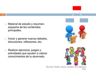 Alumnas: Sheila, Leticia, Carolina, Eva, Blanca y
Pilar.
10
 Material de estudio y resumen-
esquema de los contenidos
principales.
 Iniciar y generar nuevos debates,
discusiones, reflexiones, etc.
 Realizar ejercicios, juegos y
actividades que ayuden a valorar
conocimientos de tu alumnado.
 