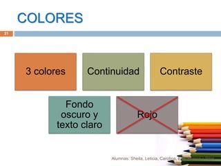 COLORES
3 colores Continuidad Contraste
Fondo
oscuro y
texto claro
Rojo
21
Alumnas: Sheila, Leticia, Carolina, Eva, Blanca y Pilar.
 