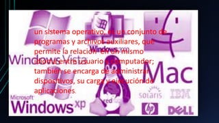 un sistema operativo, es un conjunto de 
programas y archivos auxiliares, que 
permite la relación en un mismo 
idioma entre usuario y computador; 
también se encarga de administrar 
dispositivos, su carga y ejecución de 
aplicaciones. 
 