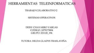 HERRAMIENTAS TELEINFORMATICAS 
TRABAJO COLABORATIVO 2 
SISTEMAS OPERATIVOS 
DEISY CHAVARRO VARGAS 
CODIGO: 1079173804 
GRUPO: 221120_196 
TUTORA: HILDA GLADYS TRASLAVIÑA 
 