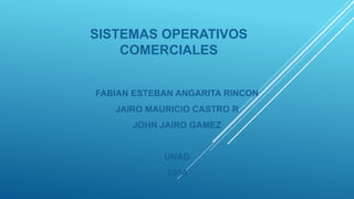 SISTEMAS OPERATIVOS 
COMERCIALES 
FABIAN ESTEBAN ANGARITA RINCON 
JAIRO MAURICIO CASTRO R 
JOHN JAIRO GAMEZ 
UNAD 
2014 
 