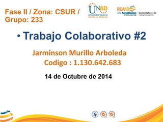 Fase II / Zona: CSUR / 
Grupo: 233 
• Trabajo Colaborativo #2 
Jarminson Murillo Arboleda 
Codigo : 1.130.642.683 
14 de Octubre de 2014 
 
