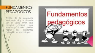 FUNDAMENTOS
PEDAGÓGICOS
Ámbito de la enseñanza
semipresencial y a distancia
son el “suelo firme” que
permiten construir una
enseñanza donde puedan
habitar los estudiantes
cultivando sus aprendizajes.
 