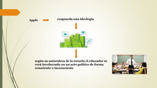 Apple resguarda una ideología
según su naturaleza de la escuela el educador se
verá involucrado en un acto político de forma
consciente o inconsciente
 