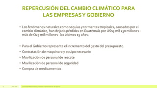 REPERCUSIÓN DEL CAMBIO CLIMÁTICO PARA
LAS EMPRESASY GOBIERNO
Julio, 2016 Universidad Mariano Gálvez | Maestría en administración de negocios12
• Los fenómenos naturales como sequías y tormentas tropicales, causados por el
cambio climático, han dejado pérdidas en Guatemala por US$3 mil 250 millones -
más de Q25 mil millones- los últimos 15 años.
• Para el Gobierno representa el incremento del gasto del presupuesto.
• Contratación de maquinara y equipo necesario
• Movilización de personal de rescate
• Movilización de personal de seguridad
• Compra de medicamentos
 