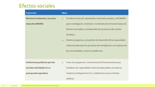 Institución Meta
Ministerio ambiente y recursos
naturales (MARN)
1. Fortalecimiento de capacidades interinstitucionales y del MARN
para investigación, medición y monitoreo de emisiones Gases de
Efecto Invernadero y el desarrollo de escenarios del cambio
climático.
2. Diseñar programas y proyectos de desarrollo de las capacidades
institucionales para los procesos de investigación con el apoyo de
las universidades y centros académicos.
Instituciones públicas que han
incluido actividades en su
presupuesto operativo.
1. Crear los programas y mecanismos de financiamiento para
fortalecer las capacidades institucionales público privado en
materia investigación en CC, mediante el acceso a fondos
públicos
Efectos sociales
Julio, 2016 Universidad Mariano Gálvez | Maestría en administración de negocios18
 