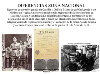DIFERENCIAS ZONA NACIONAL
 Reservas de cereal y ganado de Castilla y Galicia. Minas de carbón Leonés y de
   Riotinto en Huelva.Un ejército mucho más preparado.divisiones íntegras en
     Castilla, Galicia y Andalucía.La disciplina.El orden.La preparación de los
  oficiales.La unión en la ideología y razón del alzamiento.La creencia.La fe.La
 religión.Visión de España como nación y el concepto de la patria.Ayuda italiana
       y alemana.Franco proclamó el fin de la guerra el 1 de Abril de 1939.

                                    Fin de la guerra




                                                          Franco en la batalla del Ebro




Franco nombrado jefe de
 Estado en Octubre de
1936.Detrás en la foto el
     General Mola

                            Moneda acuñada por el Bando
                                     Nacional
 