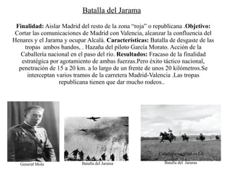 Batalla del Jarama
 Finalidad: Aislar Madrid del resto de la zona “roja” o republicana .Objetivo:
 Cortar las comunicaciones de Madrid con Valencia, alcanzar la confluencia del
Henares y el Jarama y ocupar Alcalá. Características: Batalla de desgaste de las
    tropas ambos bandos, . Hazaña del piloto García Morato. Acción de la
   Caballería nacional en el paso del río. Resultados: Fracaso de la finalidad
   estratégica por agotamiento de ambas fuerzas.Pero éxito táctico nacional,
  penetración de 15 a 20 km. a lo largo de un frente de unos 20 kilómetros.Se
     interceptan varios tramos de la carretera Madrid-Valencia .Las tropas
                  republicana tienen que dar mucho rodeos..




                                                          Caballería nacional en La

   General Mola            Batalla del Jarama                Batalla del Jarama
 