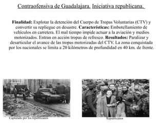 Contraofensiva de Guadalajara. Iniciativa republicana.

  Finalidad: Explotar la detención del Cuerpo de Tropas Voluntarias (CTV) y
    convertir su repliegue en desastre. Características: Embotellamiento de
   vehículos en carretera. El mal tiempo impide actuar a la aviación y medios
   motorizados. Entran en acción tropas de refresco. Resultados: Paralizar y
 desarticular el avance de las tropas motorizadas del CTV. La zona conquistada
por los nacionales se limita a 20 kilómetros de profundidad en 40 km. de frente.




Capturado por los republicanos                       Republicanos
 