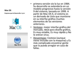 Mac OS 
• primera versión vio la luz en 1984. 
Su desarrollo se extendería en un 
modelo progresivo hasta la versión 
9 del sistema, lanzada en 1999. A 
partir de Mac OS X, el sistema es 
un derivado de Unix que mantiene 
en su interfaz gráfica muchos 
elementos de las versiones 
anteriores. 
• Ventajas: mejor interfaz gráfica del 
mercado, Ideal para diseño gráfico, 
Es muy estable, Es muy rápido y No 
le entran virus. 
• Desventajas: Costoso (aunque 
viene incluido con la maquina) y Es 
más complicado encontrar gente 
que la pueda arreglar en caso de 
fallas. 
Empresa que lo Desarrolla: Apple 
 