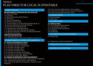 PLAN DIRECTOR LOCAL SUSTENTABLE
ÍNDICE
RECONOCIMIENTO PRELIMINAR DEL SITIO/SITUACIÓN
1.1- Área de trabajo
1.2- Contexto
1....