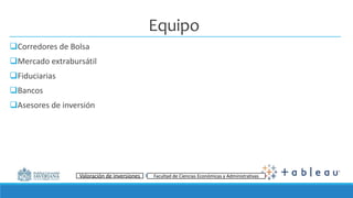 Énfasis Mercado de Valores I Facultad de Ciencias Económicas y Administrativas
Equipo
Corredores de Bolsa
Mercado extrabursátil
Fiduciarias
Bancos
Asesores de inversión
Valoración de inversiones Facultad de Ciencias Económicas y Administrativas
 