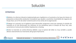 Énfasis Mercado de Valores I Facultad de Ciencias Económicas y Administrativas
Solución
ESTRATEGIA
Debido a la reforma tributaria implementada por el gobierno y el aumento a las tasas de interes mi
propuesta es desarrollar productos innovadores que ayuden a aumentar el portafolio de negocios de
Grupo Aval, con el fin de evitar la disminución en las ventas de la organización.
Trabajar en conjunto con el gobierno para desarrollar programas como por ejemplo el subsidio de
vivienda en el cual disminuyen los intereses en los prestamos para la compra de finca raiz; esto
aumentaria el consumo de creditos hipotecarios o leasing.
Evitar la inversión en centro-America debido a que el precio del dólar es muy variable y puede
afectar severamente las inversiones del grupo empresarial.
Valoración de inversiones Facultad de Ciencias Económicas y Administrativas
 