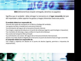 DDU  (Delivered Duty Unpaid: entregado, derechos no pagados) Significa que el vendedor  debe entregar la mercancía en el  lugar convenido  del país del importador y debe soportar los gastos y riesgos inherentes hasta este punto. El vendedor deberá ser responsable de : Elección del medio de transporte en la fábrica o bodega del vendedor. Los gastos de flete y traslado de la mercancia (interno). La contratación del seguro de la mercancia (transito interno). Los riesgos y expensas de aduana en el punto de embarque (agente y permisologia e impuestos). Las maniobras de descarga, carga y estiba en el punto de embarque. Los costos de transporte (flete principal) La contratación y los costos  del seguro de la mercancía (tránsito internacional) Gastos incurridos desde la llegada de la mercancia al puerto de destino hasta el lugar convenido El comprador deberá ser responsalbe de: Los riesgos y expensas de aduana en el punto de destino (agente, permisos e impuestos de importanción). 