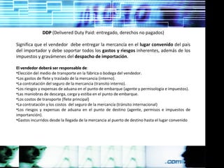 DDP  (Delivered Duty Paid: entregado, derechos no pagados) Significa que el vendedor  debe entregar la mercancía en el  lugar convenido  del país del importador y debe soportar todos los  gastos y riesgos  inherentes, además de los impuestos y gravámenes del  despacho de importación . El vendedor deberá ser responsable de : Elección del medio de transporte en la fábrica o bodega del vendedor. Los gastos de flete y traslado de la mercancia (interno). La contratación del seguro de la mercancia (transito interno). Los riesgos y expensas de aduana en el punto de embarque (agente y permisologia e impuestos). Las maniobras de descarga, carga y estiba en el punto de embarque. Los costos de transporte (flete principal) La contratación y los costos  del seguro de la mercancía (tránsito internacional) Los riesgos y expensas de aduana en el punto de destino (agente, permisos e impuestos de importanción). Gastos incurridos desde la llegada de la mercancia al puerto de destino hasta el lugar convenido 