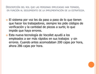 DESCRIPCIÓN DEL ROL QUE LAS PERSONAS IMPLICADAS HAN TOMADO,
EN FUNCIÓN AL SEGUIMIENTO DE LA IMPLEMENTACIÓN DE LA ESTRATEGIA.
 El sistema por voz les da paso a paso de lo que tienen
que hacer los trabajadores, siempre les pide códigos de
verificación y la cantidad de piezas a surtir, lo que
impide que haya errores.
 Esta nueva tecnología de Vocollet ayudó a los
empleados a ser más rápidos en sus trabajos y sin
errores. Cuando antes acomodaban 200 cajas por hora,
ahora 286 cajas por hora.
 