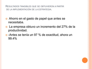 RESULTADOS TANGIBLES QUE SE OBTUVIERON A PARTIR
DE LA IMPLEMENTACIÓN DE LA ESTRATEGIA.
 Ahorro en el gasto de papel que antes se
necesitaba.
 La empresa obtuvo un incremento del 27% de la
productividad.
 -Antes se tenía un 97 % de exactitud, ahora un
99.4%
 