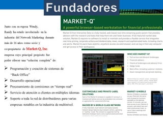 Junto con su esposa
Wendy,
Randy ha estado
involucrado en la
industria del Network
Marketing durante más
de 16 años como socio y
co-propietario de
Market-Q, Inc.
empresa cuyo principal
propósito fue poder
ofrecer una “solución
completa” de:
Bajo su visionario
liderazgo, varias de
estas empresas han
prosperado, algunas de
 Programación y creación de
sistemas de
“Back Office”
 Desarrollo operacional
 Procesamiento de comisiones
en “tiempo real”
 Servicio de atención a clientes
en múltiples idiomas
 Soporte a toda la red de
 