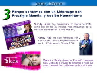 Wendy Lewis, fue considerada en Marzo del 2014
como una de las 20 mujeres más influyentes de la
Industria del Multinivel a nivel Mundial..
33
Wendy y Randy dirigen su Fundación Jeunesse
Kids. Dedicada a proveer de alimentos a niños que
sufren desnutrición o catástrofes en todo el mundo.
Randy Ray, ha sido nombrado por 2
años consecutivos el empresario del año
No. 1 del Estado de la Florida, EEUU
 