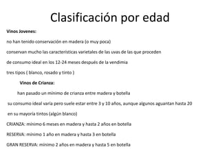 Classificación de los vinos Clasificación General : Clasifica a los vinos según su forma de elaboración, abarcando todos los tipos posibles 