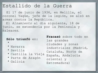 Estallido de la Guerra    El 17 de junio de 1936, en Melilla, el coronel Yagüe, jefe de la legión, se alzó en armas contra la República.      El  Alzamiento  al día siguiente, 18 de junio, se extendería por la Península y Baleares . Sólo triunfó  en:   Navarra Sevilla Castilla la Vieja Parte de Aragón Galicia   Fracasó  sobre todo en las grandes ciudades y zonas industriales (Madrid, Cataluña, Norte de España, Andalucía oriental y Extremadura) 