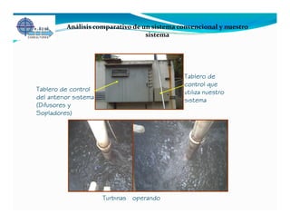 Análisis comparativo de un sistema convencional y nuestro
                                   sistema




                                              Tablero de
                                              control que
Tablero de control                            utiliza nuestro
del anterior sistema                          sistema
(Difusores y
Sopladores)




                       Turbinas operando
 