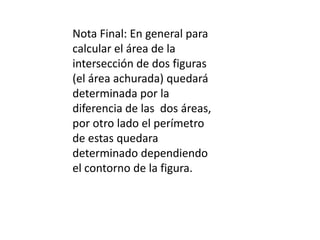 Nota Final: En general para calcular el área de la intersección de dos figuras (el área achurada) quedará determinada por la diferencia de las  dos áreas, por otro lado el perímetro de estas quedara determinado dependiendo el contorno de la figura.