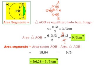 AOB es equilátero lado 6cm; luego:A6Area      AOBhO60º6Area segmento =Area sector AOB - Area      AOBB60660Area Segmento = 91_18,84=