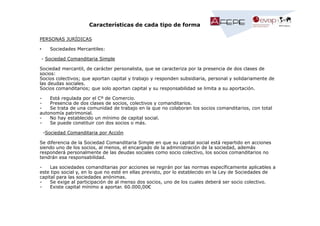 Características de cada tipo de forma
PERSONAS JURÍDICAS
•

Sociedades Mercantiles:

- Sociedad Comanditaria Simple
Sociedad mercantil, de carácter personalista, que se caracteriza por la presencia de dos clases de
socios:
Socios colectivos; que aportan capital y trabajo y responden subsidiaria, personal y solidariamente de
las deudas sociales.
Socios comanditarios; que solo aportan capital y su responsabilidad se limita a su aportación.
Está regulada por el Cº de Comercio.
Presencia de dos clases de socios, colectivos y comanditarios.
Se trata de una comunidad de trabajo en la que no colaboran los socios comanditarios, con total
autonomía patrimonial.
No hay establecido un mínimo de capital social.
Se puede constituir con dos socios o más.
-Sociedad Comanditaria por Acción
Se diferencia de la Sociedad Comanditaria Simple en que su capital social está repartido en acciones
siendo uno de los socios, al menos, el encargado de la administración de la sociedad, además
responderá personalmente de las deudas sociales como socio colectivo, los socios comanditarios no
tendrán esa responsabilidad.
Las sociedades comanditarias por acciones se regirán por las normas específicamente aplicables a
este tipo social y, en lo que no esté en ellas previsto, por lo establecido en la Ley de Sociedades de
capital para las sociedades anónimas.
Se exige al participación de al menso dos socios, uno de los cuales deberá ser socio colectivo.
Existe capital mínimo a aportar. 60.000,00€

 