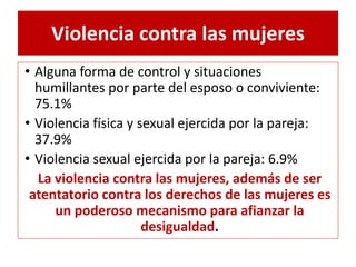 Violencia contra las mujeres 
• Alguna forma de control y situaciones 
humillantes por parte del esposo o conviviente: 
75.1% 
• Violencia física y sexual ejercida por la pareja: 
37.9% 
• Violencia sexual ejercida por la pareja: 6.9% 
La violencia contra las mujeres, además de ser 
atentatorio contra los derechos de las mujeres es 
un poderoso mecanismo para afianzar la 
desigualdad. 
 