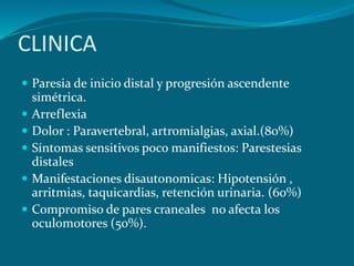 CLINICA
 Paresia de inicio distal y progresión ascendente
simétrica.
 Arreflexia
 Dolor : Paravertebral, artromialgias, axial.(80%)
 Síntomas sensitivos poco manifiestos: Parestesias
distales
 Manifestaciones disautonomicas: Hipotensión ,
arritmias, taquicardias, retención urinaria. (60%)
 Compromiso de pares craneales no afecta los
oculomotores (50%).
 