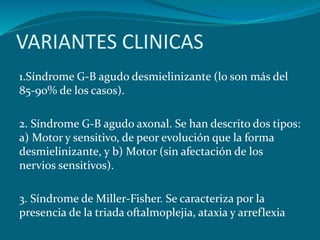 VARIANTES CLINICAS
1.Síndrome G-B agudo desmielinizante (lo son más del
85-90% de los casos).
2. Síndrome G-B agudo axonal. Se han descrito dos tipos:
a) Motor y sensitivo, de peor evolución que la forma
desmielinizante, y b) Motor (sin afectación de los
nervios sensitivos).
3. Síndrome de Miller-Fisher. Se caracteriza por la
presencia de la triada oftalmoplejia, ataxia y arreflexia
 