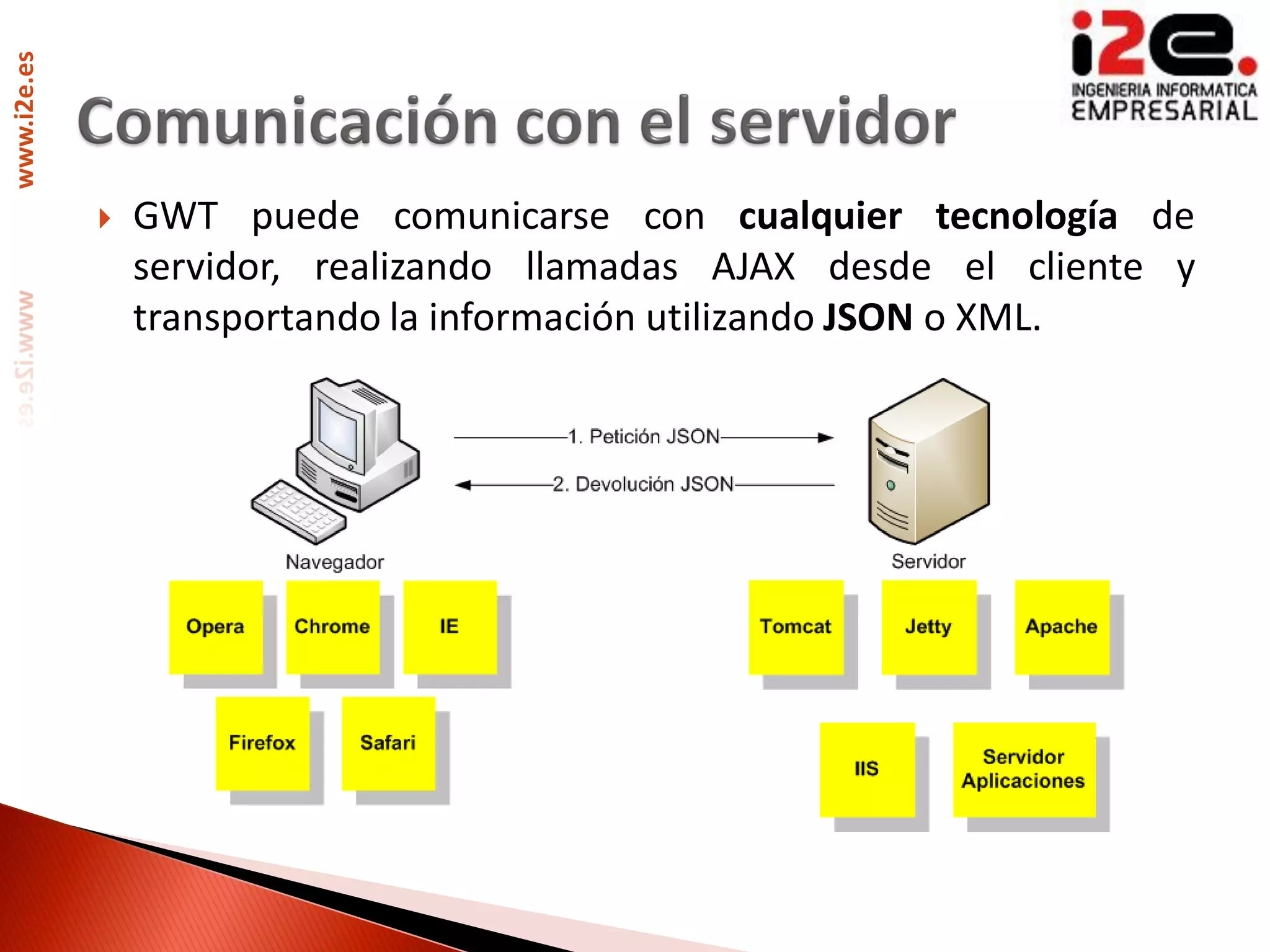 www.i2e.es




                GWT puede comunicarse con cualquier tecnología de
                 servidor, realizando llamadas AJAX desde el cliente y
                 transportando la información utilizando JSON o XML.
 
