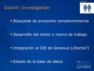 GxUnit: Investigación Búsqueda de proyectos complementarios  Desarrollo del motor y marco de trabajo Integración al IDE de Genexus (¿Rocha?) Estado de la base de datos ¿Cómo? 